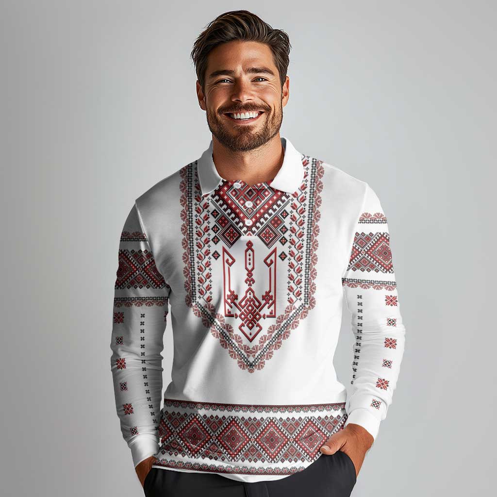 Ukraine Vyshyvanka Inspired Patterns Long Sleeve Polo Shirt White