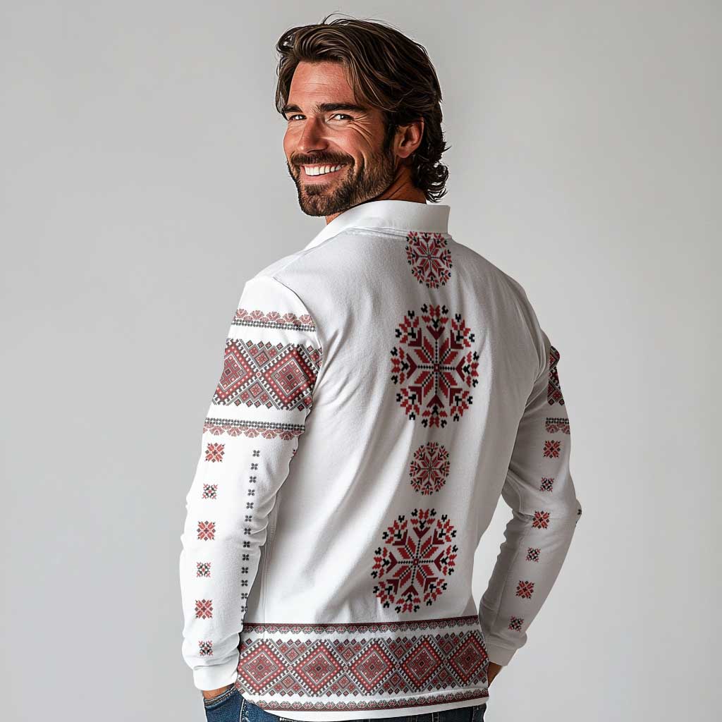 Ukraine Vyshyvanka Inspired Patterns Long Sleeve Polo Shirt White