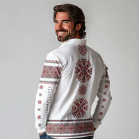 Ukraine Vyshyvanka Inspired Patterns Long Sleeve Polo Shirt White