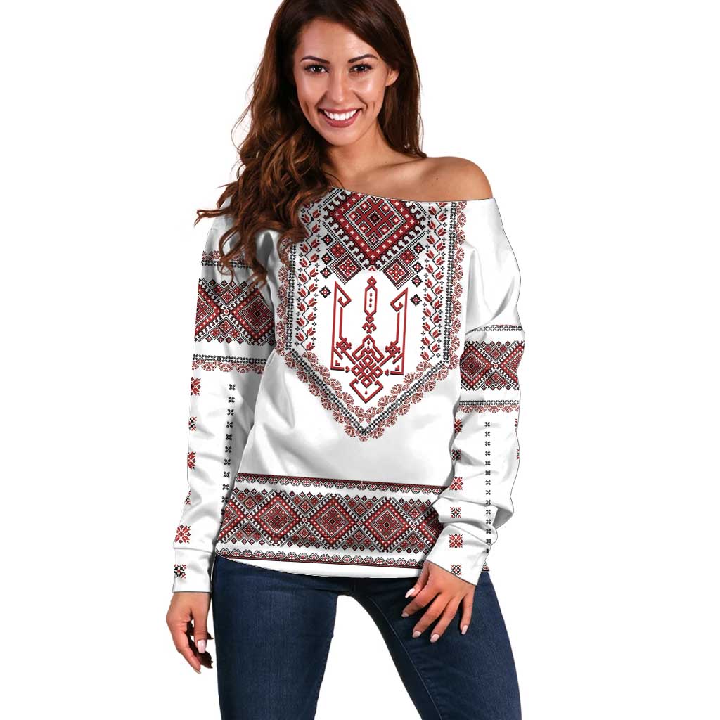 Ukraine Vyshyvanka Inspired Patterns Off Shoulder Sweater White