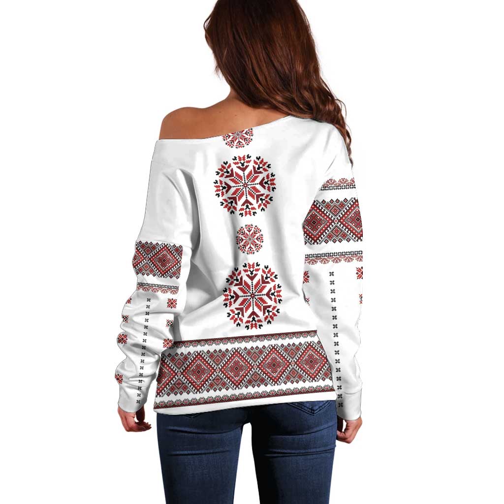 Ukraine Vyshyvanka Inspired Patterns Off Shoulder Sweater White