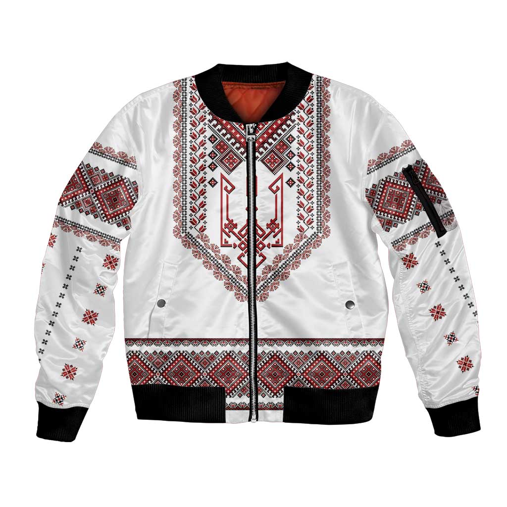 Ukraine Vyshyvanka Inspired Patterns Sleeve Zip Bomber Jacket White