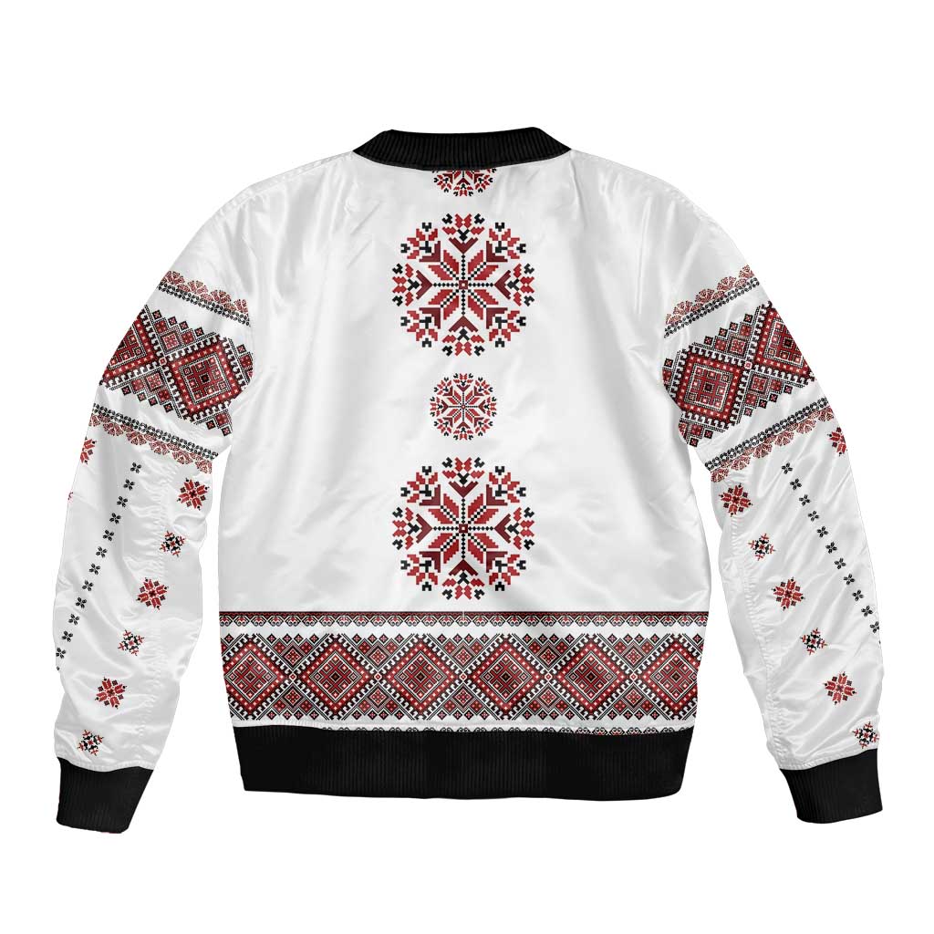 Ukraine Vyshyvanka Inspired Patterns Sleeve Zip Bomber Jacket White