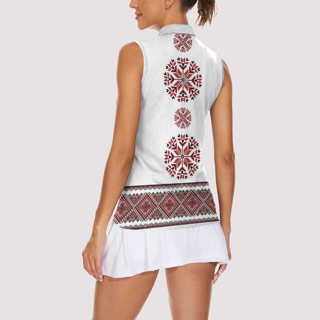 Ukraine Vyshyvanka Inspired Patterns Women Sleeveless Polo Shirt White