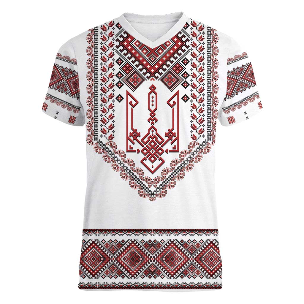 Ukraine Vyshyvanka Inspired Patterns Women V-Neck T-Shirt White