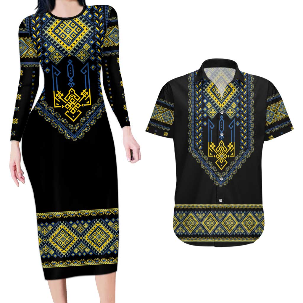 Ukraine Vyshyvanka Inspired Patterns Couples Matching Long Sleeve Bodycon Dress and Hawaiian Shirt Ukraini Colors