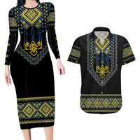 Ukraine Vyshyvanka Inspired Patterns Couples Matching Long Sleeve Bodycon Dress and Hawaiian Shirt Ukraini Colors