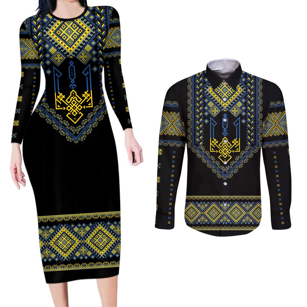 Ukraine Vyshyvanka Inspired Patterns Couples Matching Long Sleeve Bodycon Dress and Long Sleeve Button Shirt Ukraini Colors