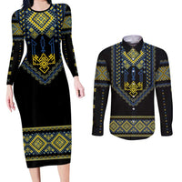 Ukraine Vyshyvanka Inspired Patterns Couples Matching Long Sleeve Bodycon Dress and Long Sleeve Button Shirt Ukraini Colors