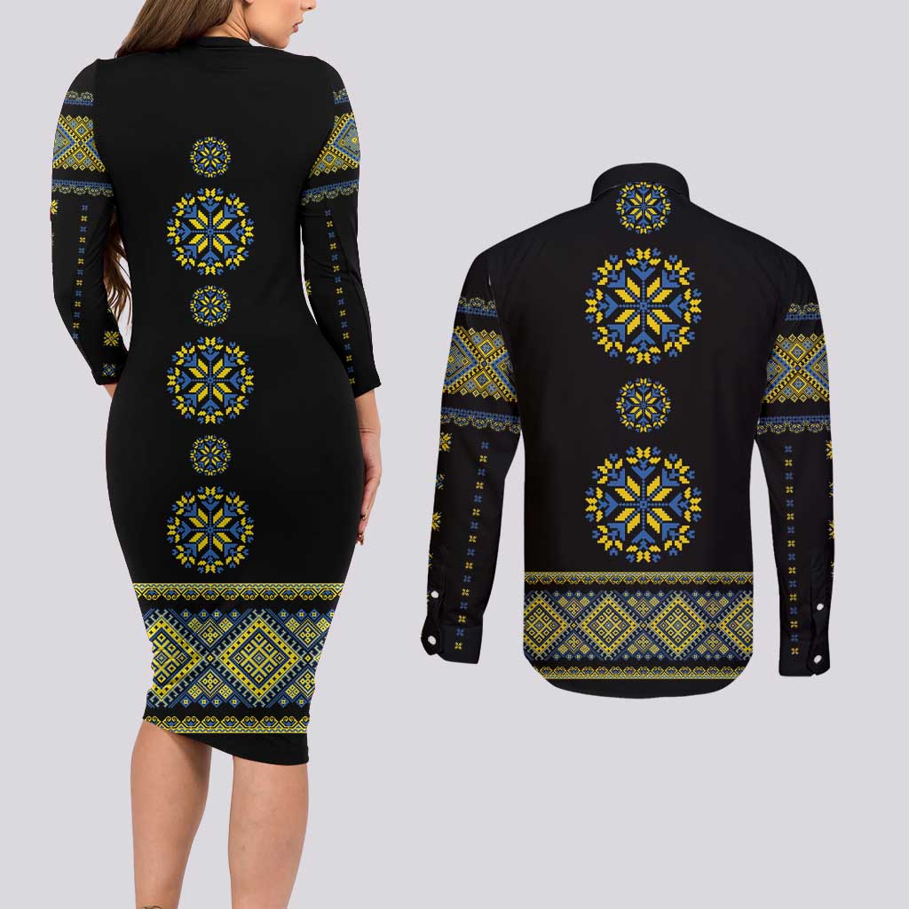 Ukraine Vyshyvanka Inspired Patterns Couples Matching Long Sleeve Bodycon Dress and Long Sleeve Button Shirt Ukraini Colors