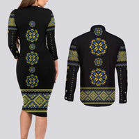 Ukraine Vyshyvanka Inspired Patterns Couples Matching Long Sleeve Bodycon Dress and Long Sleeve Button Shirt Ukraini Colors