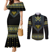 Ukraine Vyshyvanka Inspired Patterns Couples Matching Mermaid Dress and Long Sleeve Button Shirt Ukraini Colors
