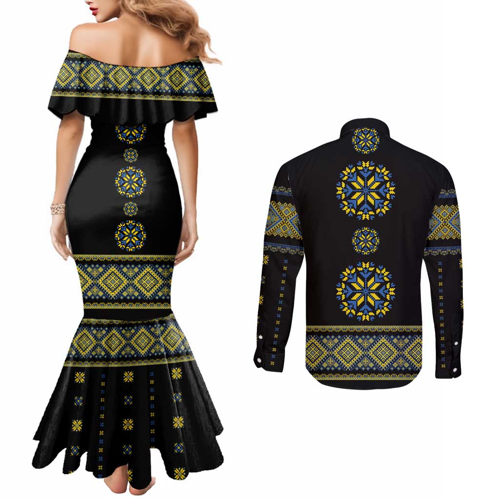 Ukraine Vyshyvanka Inspired Patterns Couples Matching Mermaid Dress and Long Sleeve Button Shirt Ukraini Colors