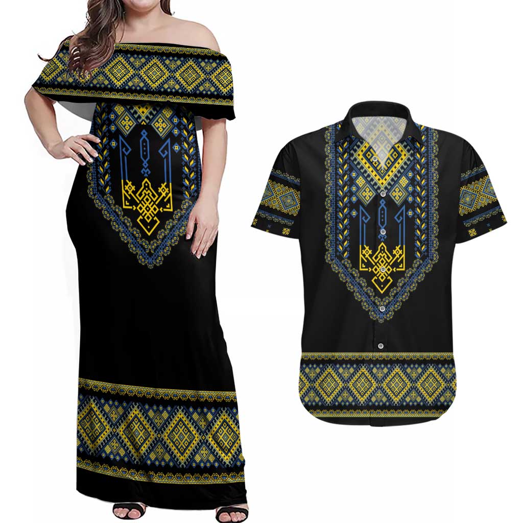 Ukraine Vyshyvanka Inspired Patterns Couples Matching Off Shoulder Maxi Dress and Hawaiian Shirt Ukraini Colors