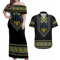 Ukraine Vyshyvanka Inspired Patterns Couples Matching Off Shoulder Maxi Dress and Hawaiian Shirt Ukraini Colors