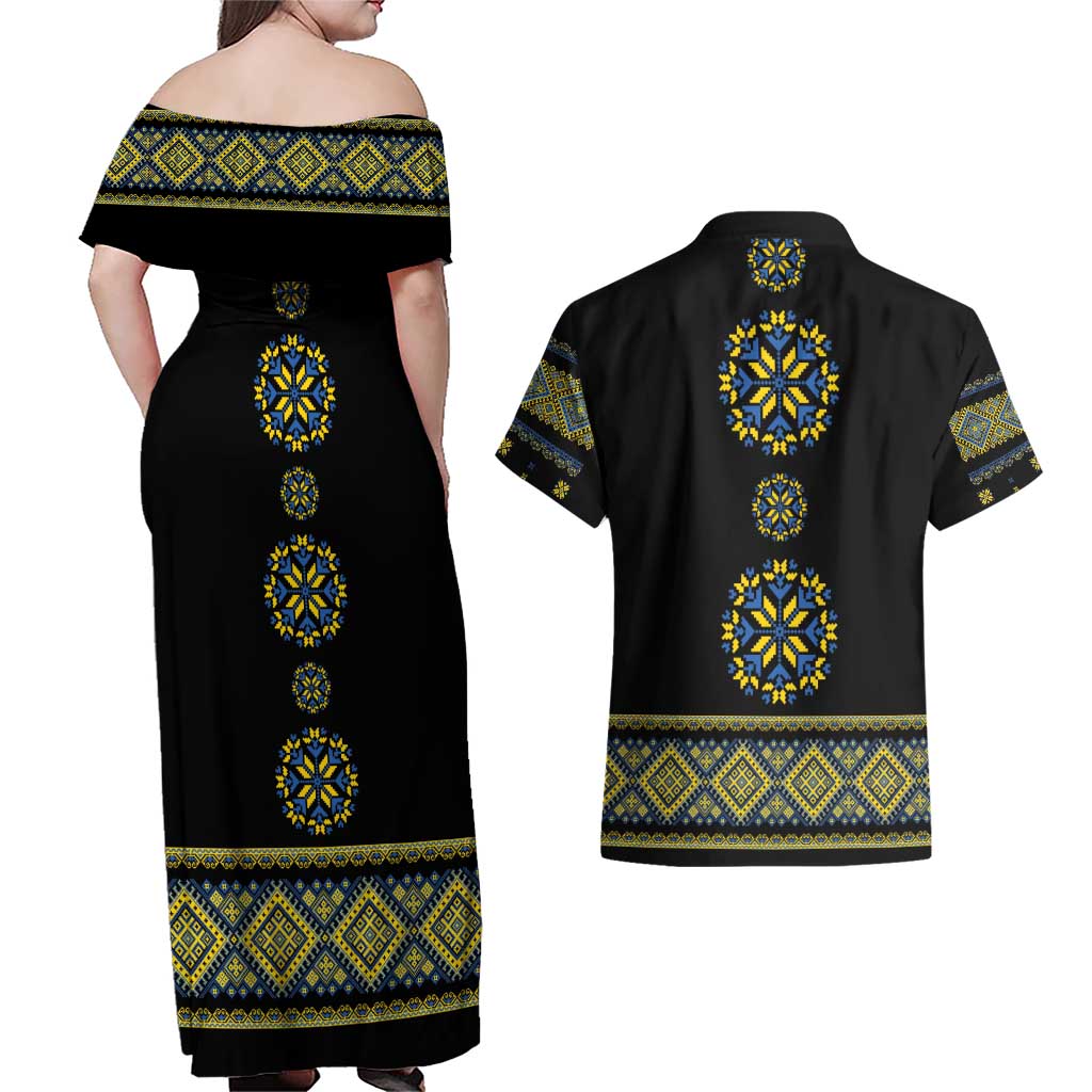 Ukraine Vyshyvanka Inspired Patterns Couples Matching Off Shoulder Maxi Dress and Hawaiian Shirt Ukraini Colors