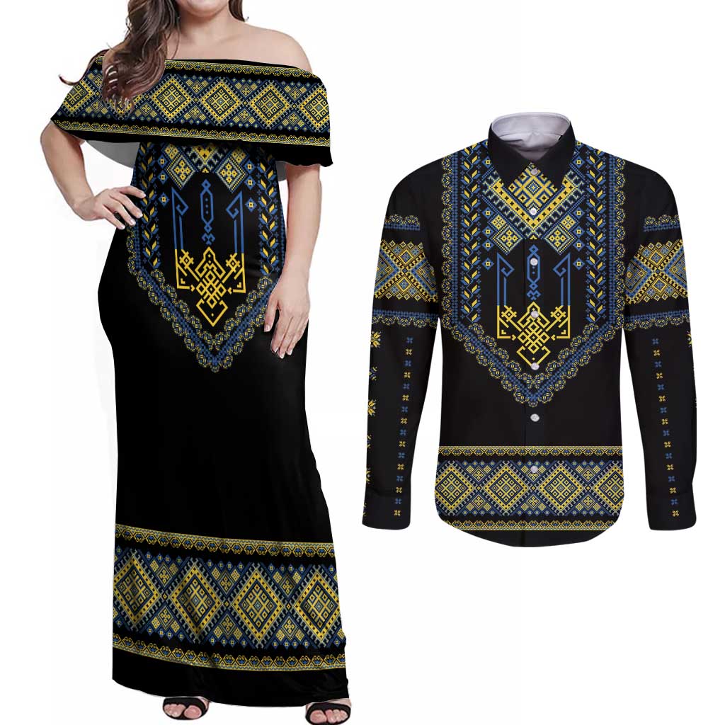 Ukraine Vyshyvanka Inspired Patterns Couples Matching Off Shoulder Maxi Dress and Long Sleeve Button Shirt Ukraini Colors