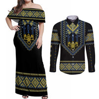 Ukraine Vyshyvanka Inspired Patterns Couples Matching Off Shoulder Maxi Dress and Long Sleeve Button Shirt Ukraini Colors
