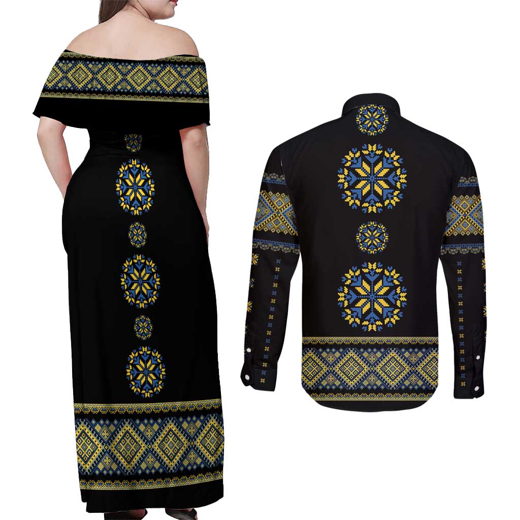 Ukraine Vyshyvanka Inspired Patterns Couples Matching Off Shoulder Maxi Dress and Long Sleeve Button Shirt Ukraini Colors