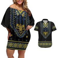 Ukraine Vyshyvanka Inspired Patterns Couples Matching Off Shoulder Short Dress and Hawaiian Shirt Ukraini Colors