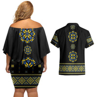 Ukraine Vyshyvanka Inspired Patterns Couples Matching Off Shoulder Short Dress and Hawaiian Shirt Ukraini Colors