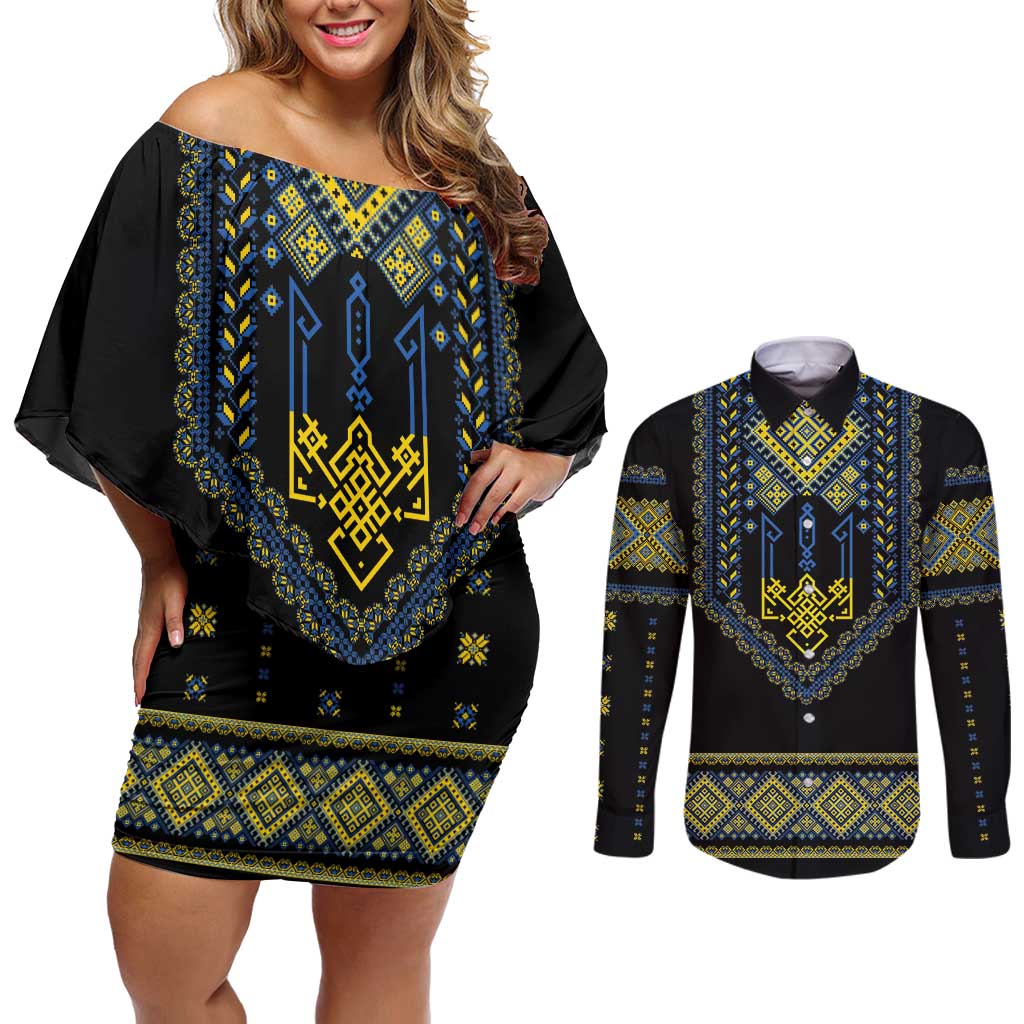 Ukraine Vyshyvanka Inspired Patterns Couples Matching Off Shoulder Short Dress and Long Sleeve Button Shirt Ukraini Colors