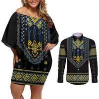 Ukraine Vyshyvanka Inspired Patterns Couples Matching Off Shoulder Short Dress and Long Sleeve Button Shirt Ukraini Colors