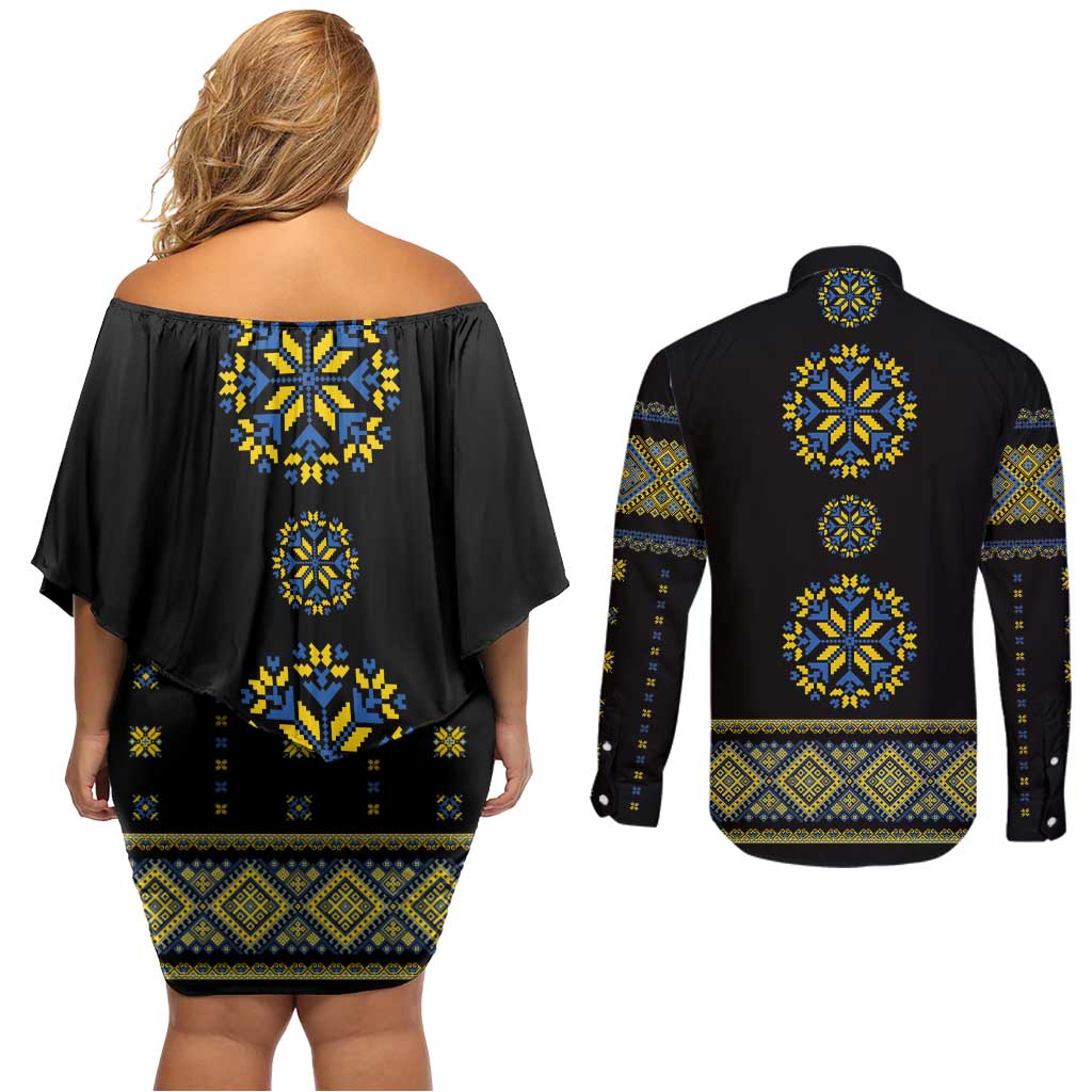Ukraine Vyshyvanka Inspired Patterns Couples Matching Off Shoulder Short Dress and Long Sleeve Button Shirt Ukraini Colors