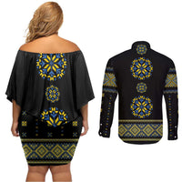 Ukraine Vyshyvanka Inspired Patterns Couples Matching Off Shoulder Short Dress and Long Sleeve Button Shirt Ukraini Colors