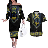 Ukraine Vyshyvanka Inspired Patterns Couples Matching Off The Shoulder Long Sleeve Dress and Hawaiian Shirt Ukraini Colors