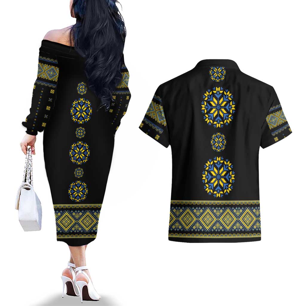 Ukraine Vyshyvanka Inspired Patterns Couples Matching Off The Shoulder Long Sleeve Dress and Hawaiian Shirt Ukraini Colors