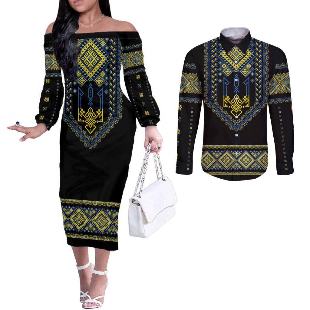 Ukraine Vyshyvanka Inspired Patterns Couples Matching Off The Shoulder Long Sleeve Dress and Long Sleeve Button Shirt Ukraini Colors