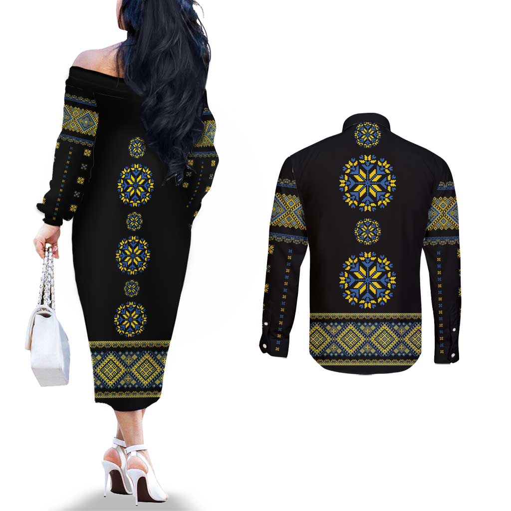 Ukraine Vyshyvanka Inspired Patterns Couples Matching Off The Shoulder Long Sleeve Dress and Long Sleeve Button Shirt Ukraini Colors