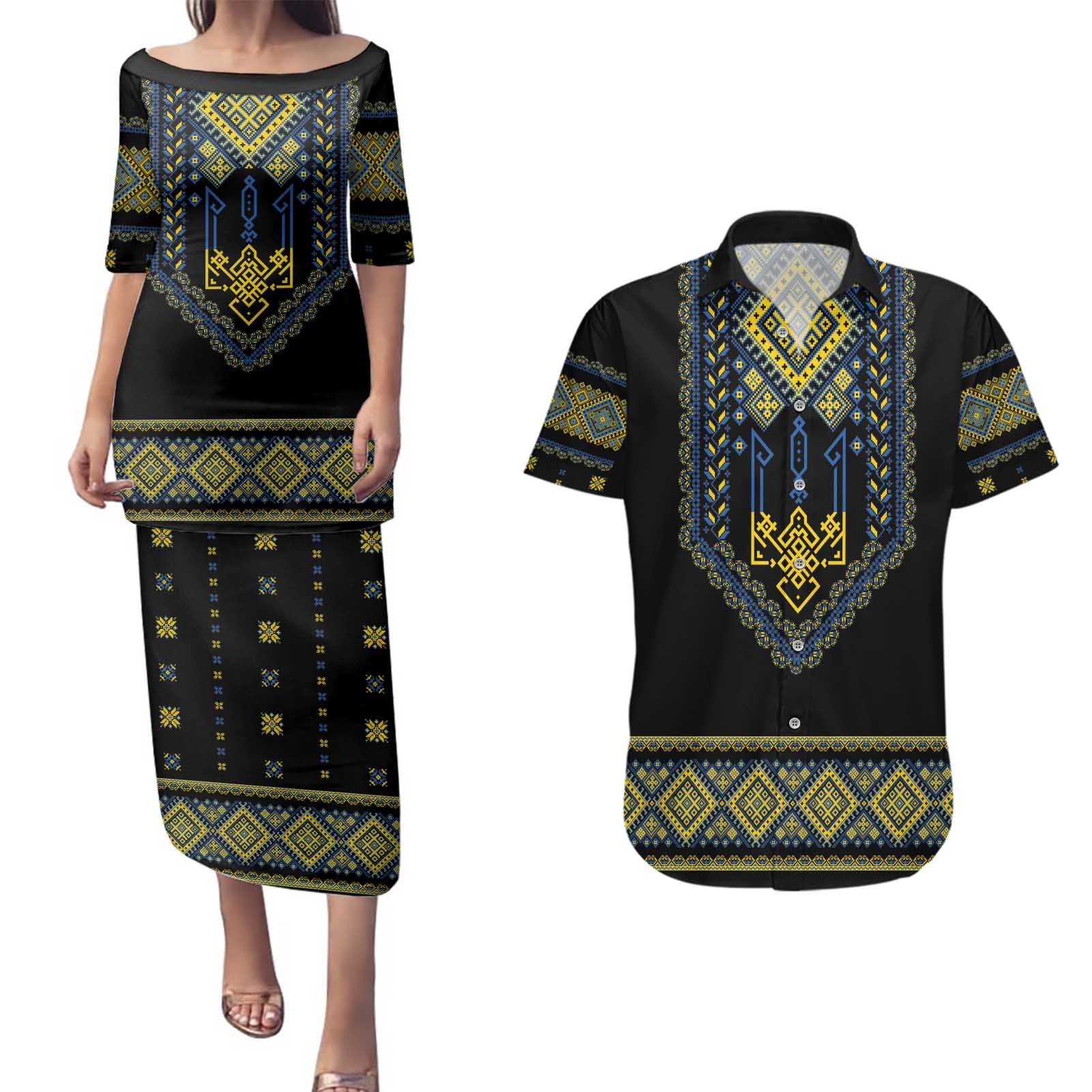 Ukraine Vyshyvanka Inspired Patterns Couples Matching Puletasi and Hawaiian Shirt Ukraini Colors