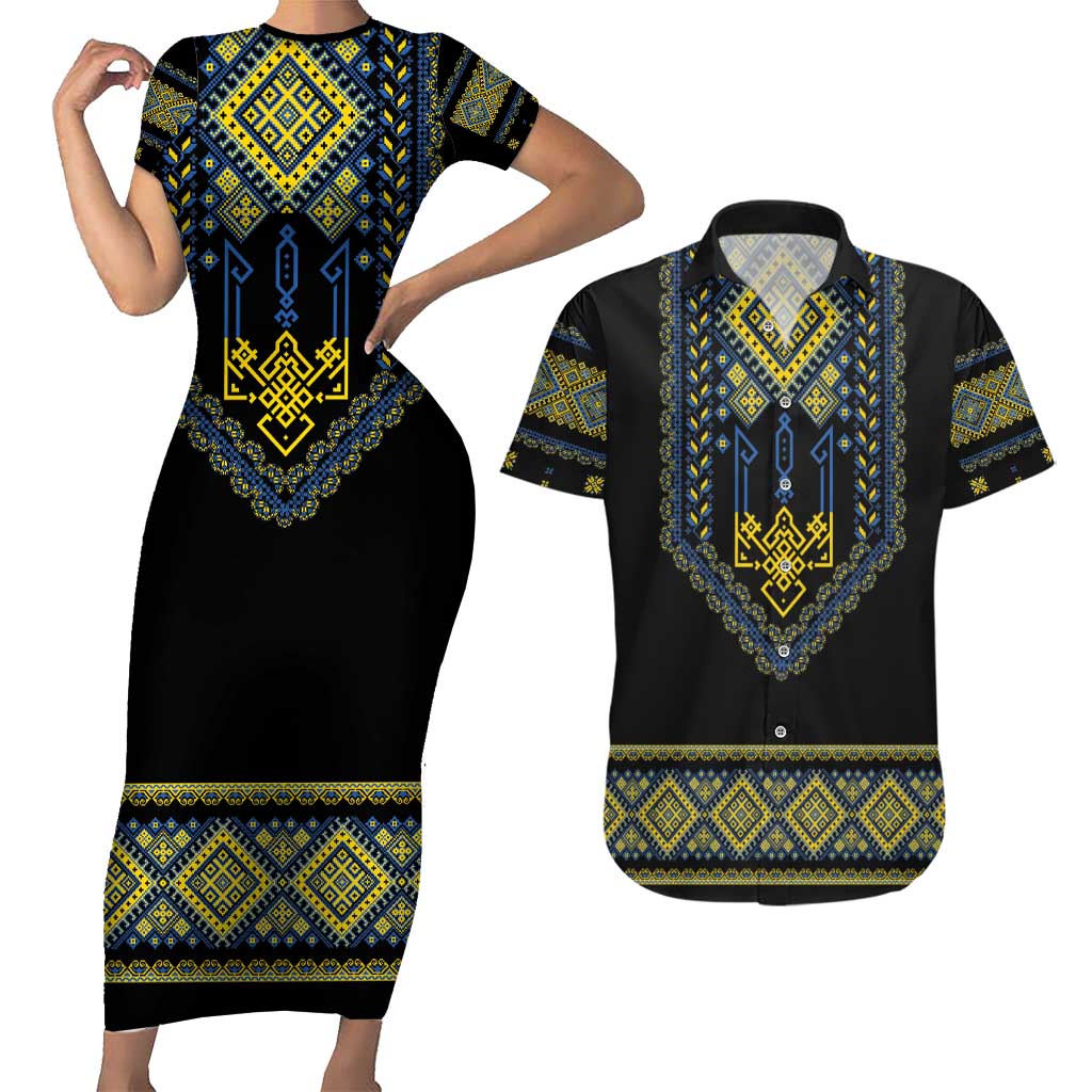 Ukraine Vyshyvanka Inspired Patterns Couples Matching Short Sleeve Bodycon Dress and Hawaiian Shirt Ukraini Colors