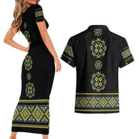 Ukraine Vyshyvanka Inspired Patterns Couples Matching Short Sleeve Bodycon Dress and Hawaiian Shirt Ukraini Colors