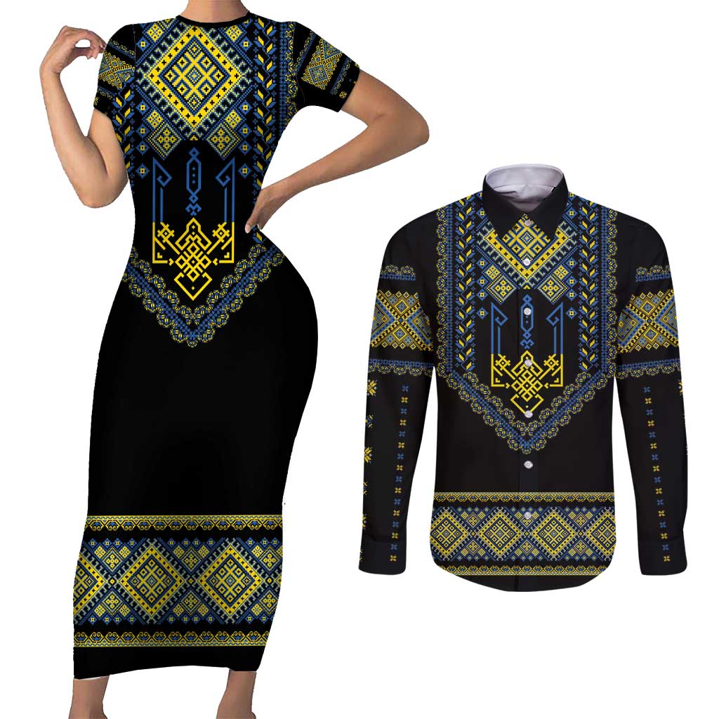 Ukraine Vyshyvanka Inspired Patterns Couples Matching Short Sleeve Bodycon Dress and Long Sleeve Button Shirt Ukraini Colors