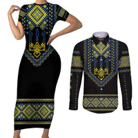 Ukraine Vyshyvanka Inspired Patterns Couples Matching Short Sleeve Bodycon Dress and Long Sleeve Button Shirt Ukraini Colors
