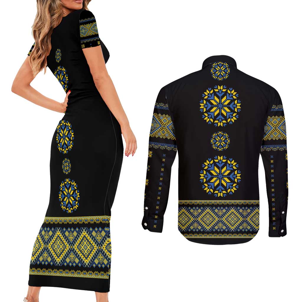 Ukraine Vyshyvanka Inspired Patterns Couples Matching Short Sleeve Bodycon Dress and Long Sleeve Button Shirt Ukraini Colors