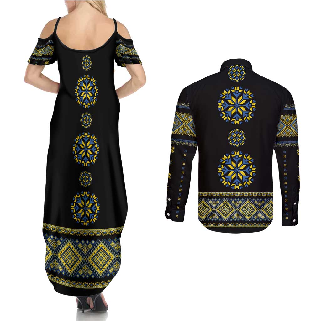 Ukraine Vyshyvanka Inspired Patterns Couples Matching Summer Maxi Dress and Long Sleeve Button Shirt Ukraini Colors