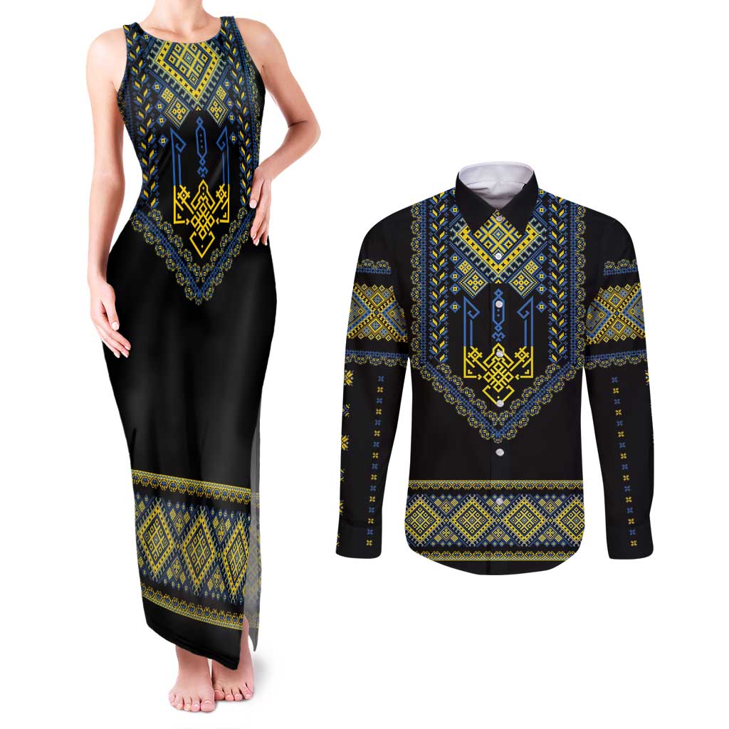 Ukraine Vyshyvanka Inspired Patterns Couples Matching Tank Maxi Dress and Long Sleeve Button Shirt Ukraini Colors
