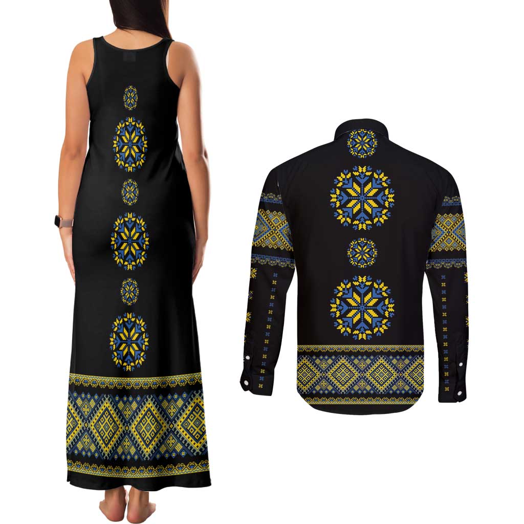 Ukraine Vyshyvanka Inspired Patterns Couples Matching Tank Maxi Dress and Long Sleeve Button Shirt Ukraini Colors