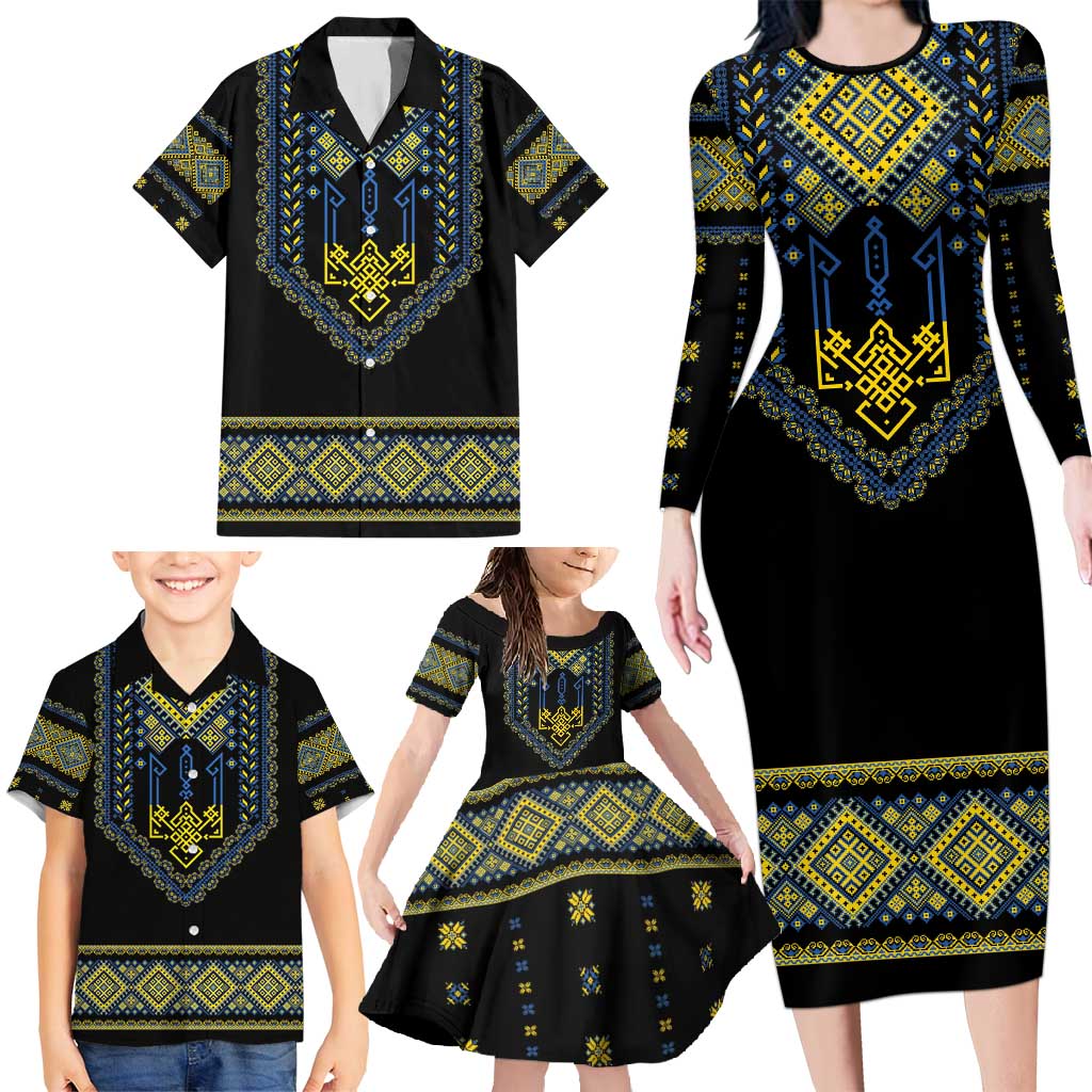 Ukraine Vyshyvanka Inspired Patterns Family Matching Long Sleeve Bodycon Dress and Hawaiian Shirt Ukraini Colors