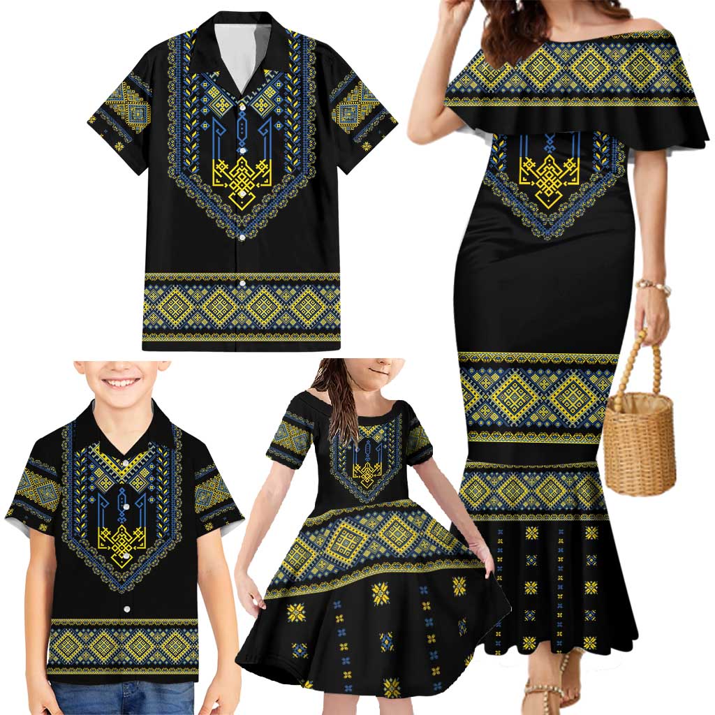 Ukraine Vyshyvanka Inspired Patterns Family Matching Mermaid Dress and Hawaiian Shirt Ukraini Colors