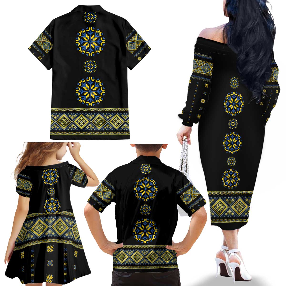 Ukraine Vyshyvanka Inspired Patterns Family Matching Off The Shoulder Long Sleeve Dress and Hawaiian Shirt Ukraini Colors
