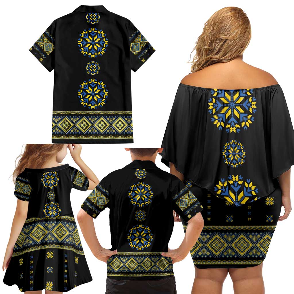 Ukraine Vyshyvanka Inspired Patterns Family Matching Off Shoulder Short Dress and Hawaiian Shirt Ukraini Colors