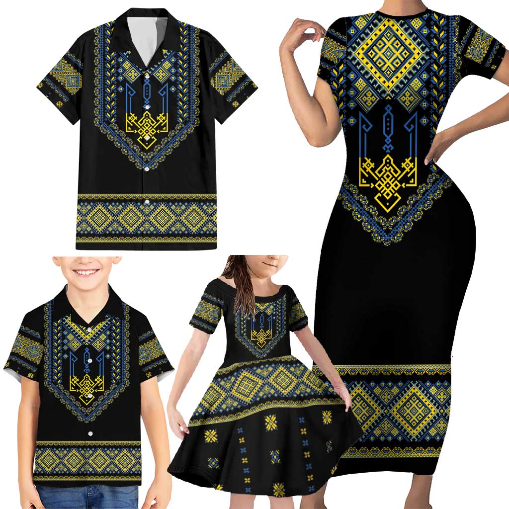 Ukraine Vyshyvanka Inspired Patterns Family Matching Short Sleeve Bodycon Dress and Hawaiian Shirt Ukraini Colors
