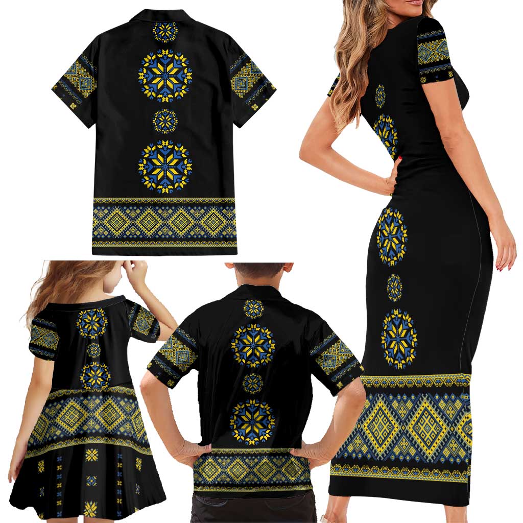 Ukraine Vyshyvanka Inspired Patterns Family Matching Short Sleeve Bodycon Dress and Hawaiian Shirt Ukraini Colors