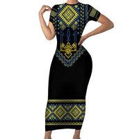 Ukraine Vyshyvanka Inspired Patterns Family Matching Short Sleeve Bodycon Dress and Hawaiian Shirt Ukraini Colors