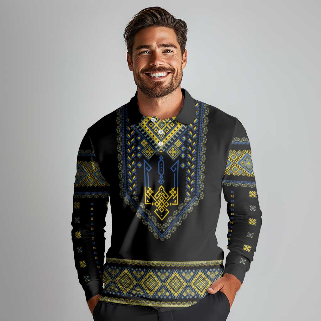 Ukraine Vyshyvanka Inspired Patterns Long Sleeve Polo Shirt Ukraini Colors